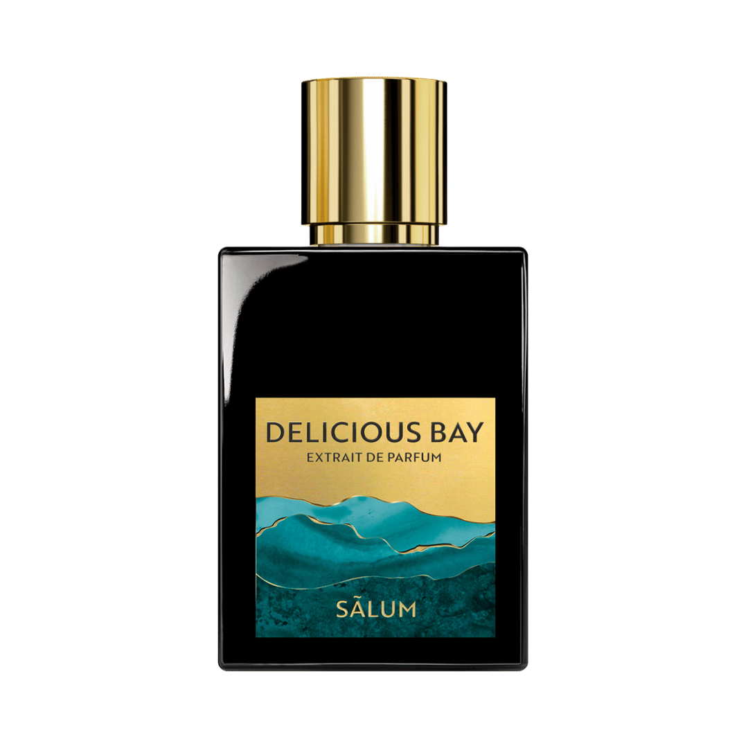 Perfume bottle labeled 'Delicious Bay' by Salum on a green background